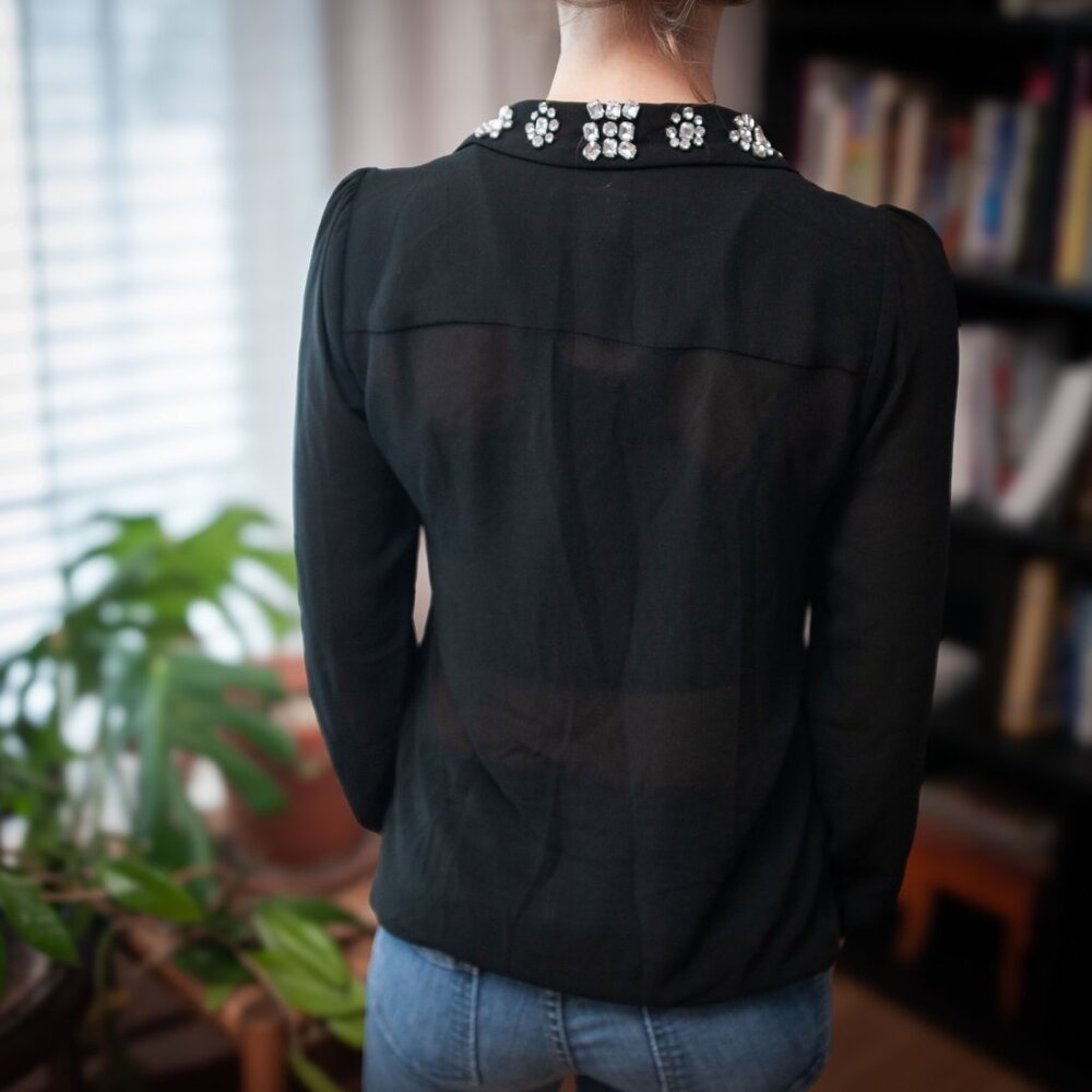 Michael Kors Embellished Collar Sheer Blouse XS Black Jewel Rhinestone Top Glam - Picture 4 of 14